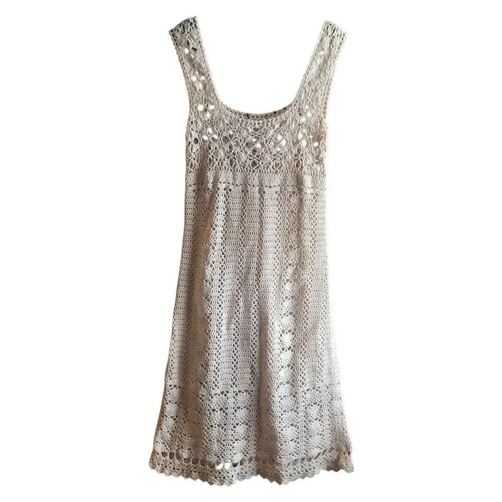 Vintage Y2K Dress Women's Large Ivory Crochet Sheer Cotton Midi Beach Boho